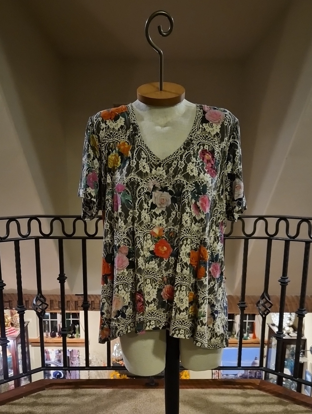 Johnny Was Lace-Print V-Neck Short Sleeve Top in Black with Floral Accents
